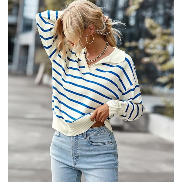 Dame Cardigan Sweatshirt Jumper Stribet Langærmet Efterår Vinter Streetwear Blue M