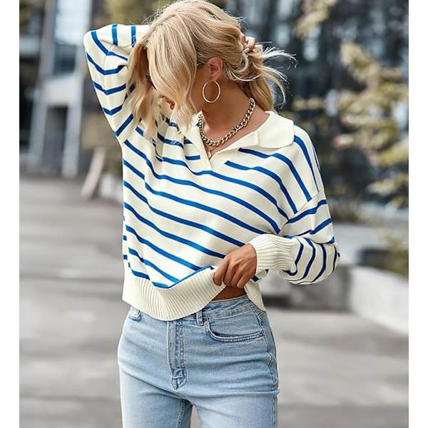 Naisten Cardigan-neulepaita, raidallinen, pitkähihainen, syksy-talvi, streetwear Blue XL