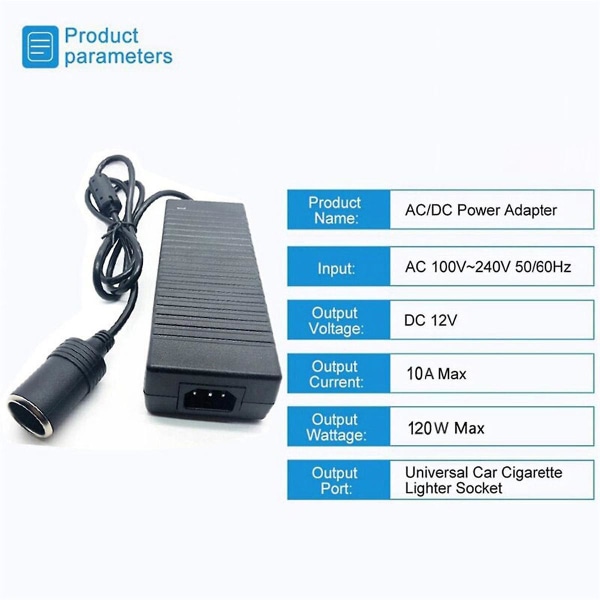 Bilstrømsadapter Strømomformer AC-adapter DC 110V / 220V til 12V 10A Strømadapterkonverter EU-stik Black