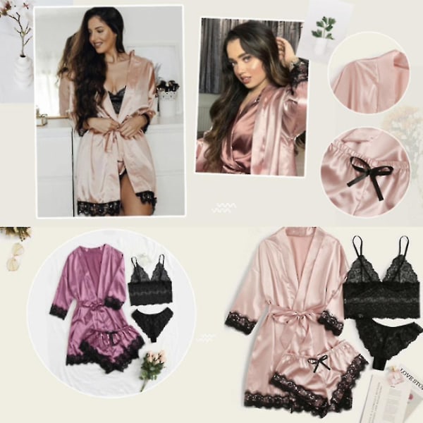 4-delad kvinnlig satinblommig spetslinne topp underkläder pyjamas set med morgonrock klänning kimono underkläder set satin pyjamas spetslinne bh