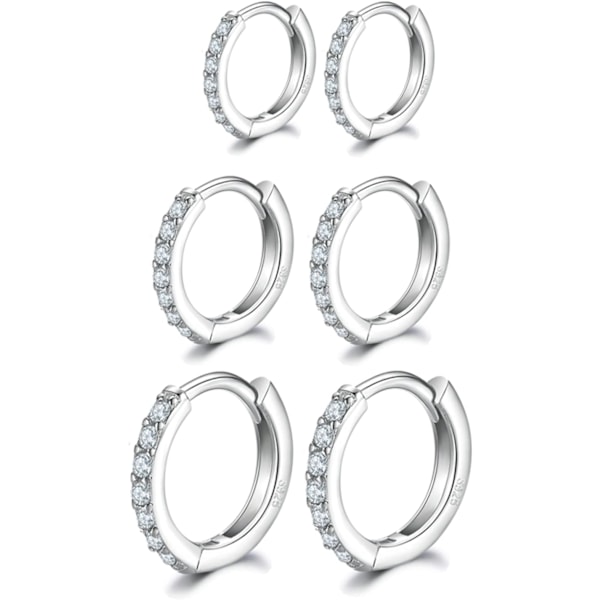 Hopearenkaat naisille, 3 paria pieniä nukkuvien renkaiden huggie-saranoituja korvakoruja (8/10/12 mm)