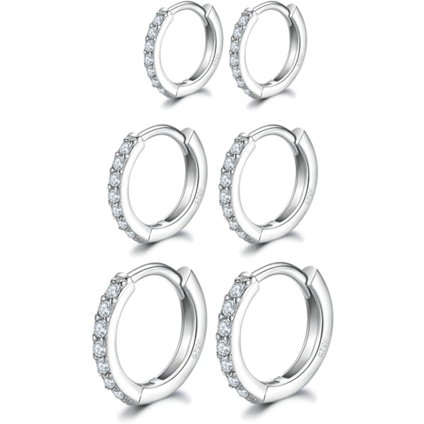 Silver Hoops Örhängen för Kvinnor, 3 Par Små Sleeper Hoops Huggie Hinged Örhängen(8/10/12mm)