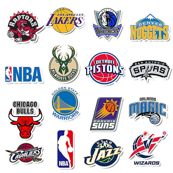 Sett med 32 NBA Basketball Association Basketball-klistremerker. Lakers, Chicago Bulls, Orlando Magic eller flere klistremerker
