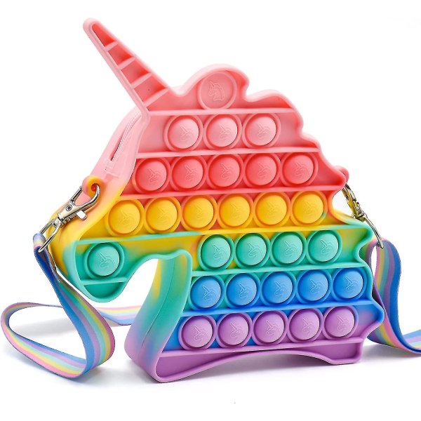 Pop skulderveske Fidget Toy Rainbow Unicorn Pop Fidget Bag Toy Silikon Pop Bubble Sensory Fidget Toy Skoleutstyr Bursdagsfest favoriserer for jenter