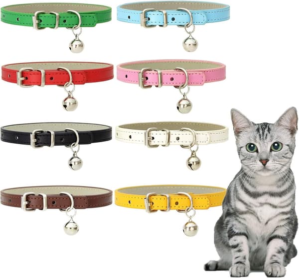 Leather Cat Collars with Bells and Adjustable Durable Metal Buckles, Handmade, 8-Pack