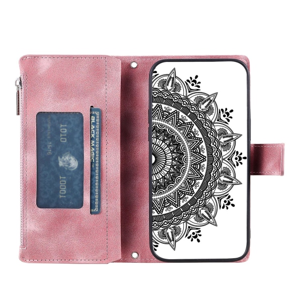 For Nokia X30 5g Mandala Flower Preget Pu Leather Case Magnetisk lås Multi Card Slot Beskyttende deksel med glidelås lommebok og håndleddsstropp Rose Gold