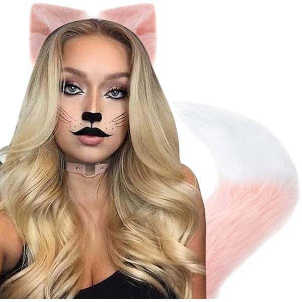 Räv konstgjord päls svans kattöron pannband Halloween fest kostym halsband choker cosplay set för kvinnor pink