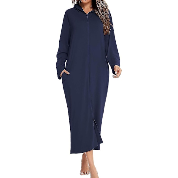 Naisten pitkä kylpytakki hupulla, vetoketjullinen aamutakki, täyspitkä, yksivärinen Navy blue L