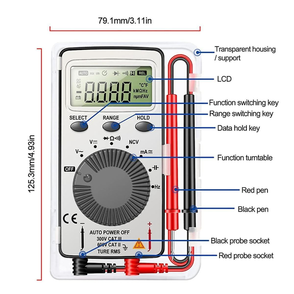 Digitaalinen yleismittari Automaattinen alueen valinta Jännitteen testaaja Mittari Jännitteenmittari Tasku Multi Tester NCV- Kosketustesterillä As Shown