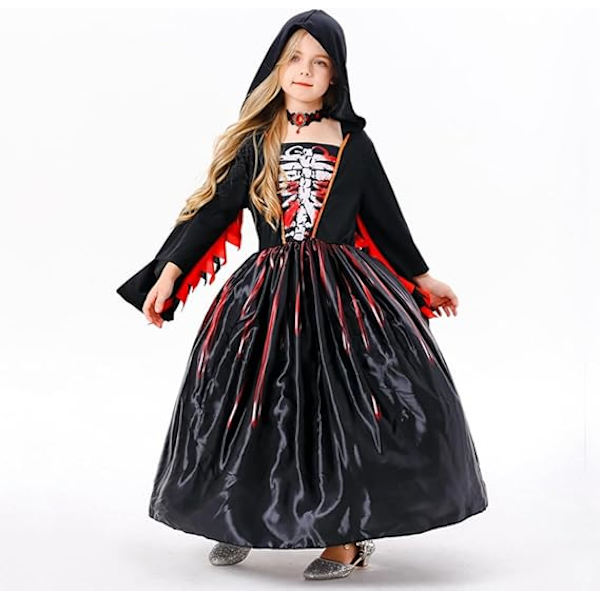 Eventyrlig Heks-kjole Halloween Rollespil Kostume med Hætte til Piger Black 8-10years