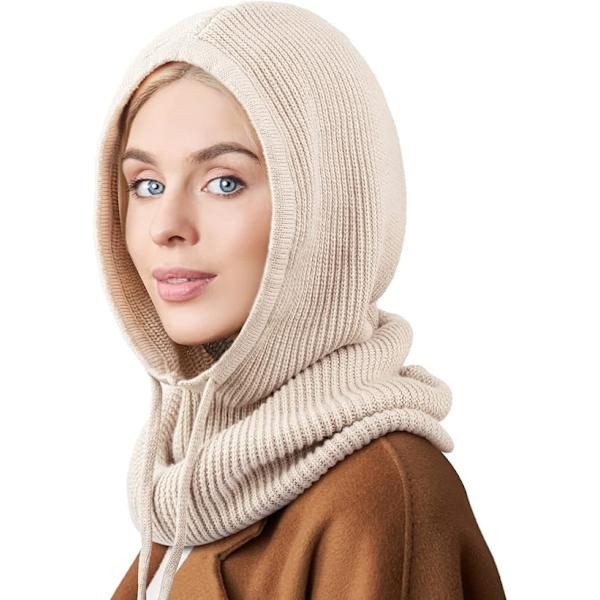 Vinterhatte til kvinder Balaclava strikket hue Skull Cap med snøre varm hætte halstørklæde hat Beige