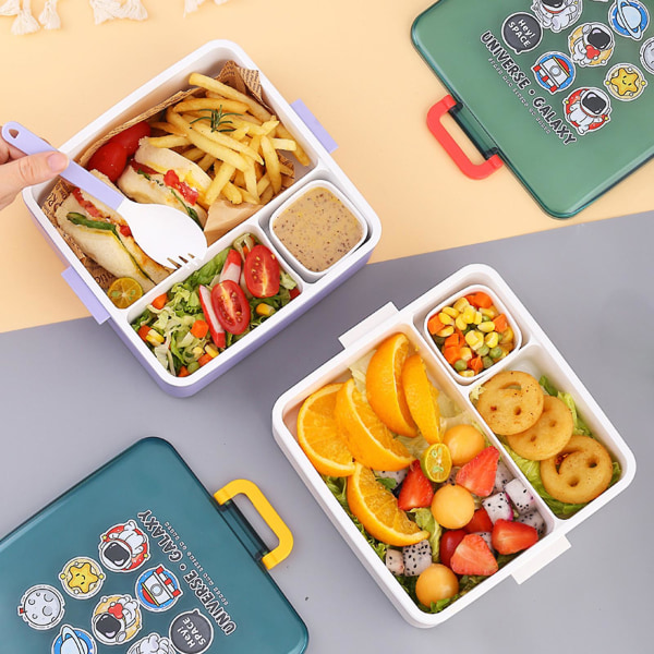 1 sæt Bento Box Grid Design Stor Kapacitet Mikroovn Sikker Lækagesikker Bærbar Børn Astronaut Madkasse med Sauceboks Skoleartikler Tianyuhe White