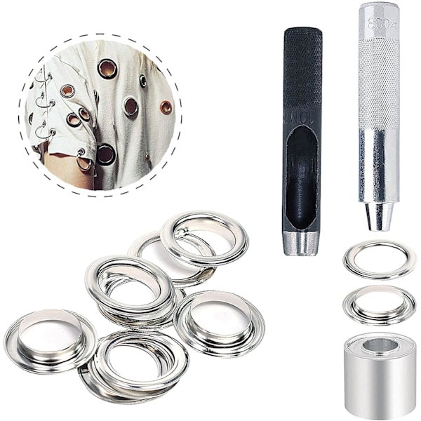 100 Set Öljetter Kit Öljetter Monteringsverktyg för Presenning Tyg Gardiner (2/5 Tum Innerdiameter)