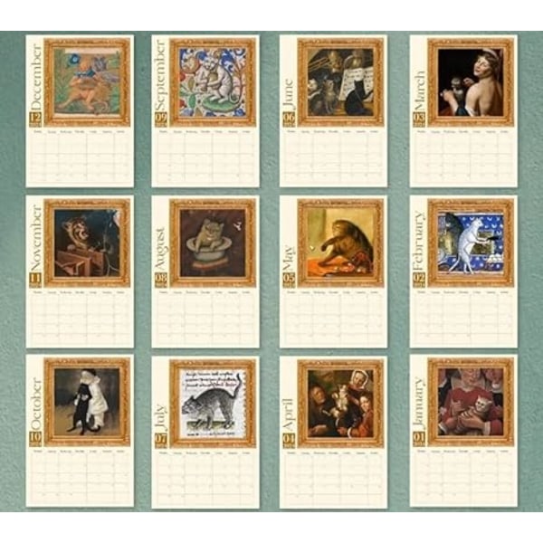 Konstig medeltida katter kalender 2024 kalender 12 månader väggkalender hängbar för kontor hem present bestruket papper 11 * 8,5 tum (1 st)