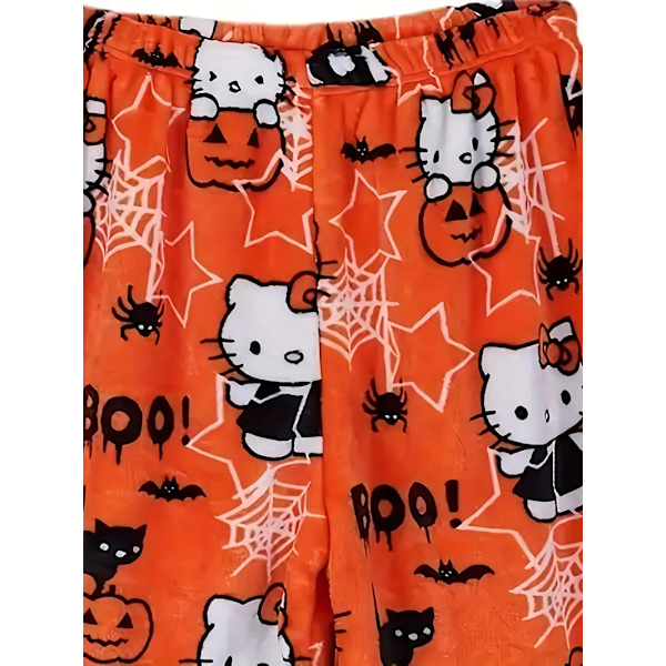 Tegnefilm KT kat pyjamas tykke damer efterår og vinter plus fløjl varm fritid hjem graffiti flanel bukser orange XXL