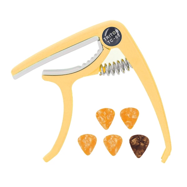 2024 Electric Guitar Capo ABS Quick Release Ukulele Guitar Capo Set with 5PCS Guitar Picks for Mandolin Banjo Yellow