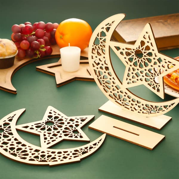 2 set Eid Mubarak Wooden Ornaments Ramadan Wooden Table Decor Sta