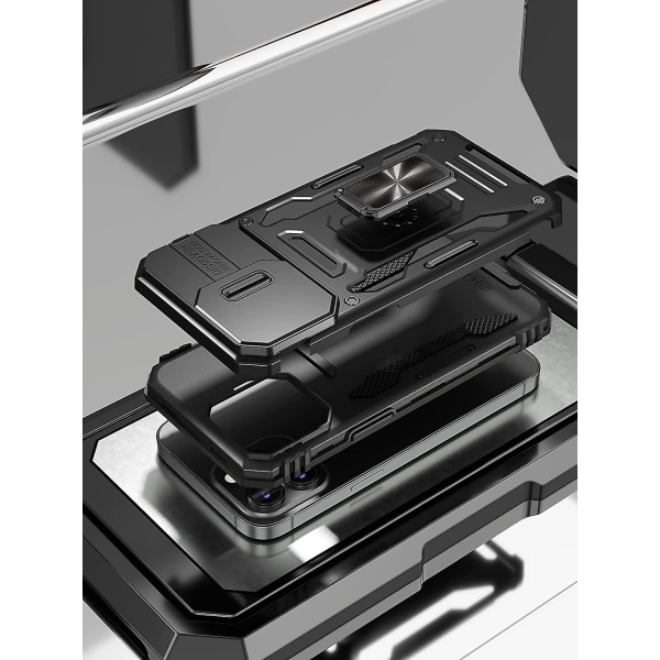 Pansertaske kompatibel med Iphone 14 Pro Max/14 Pro, hård pc stødsikkert dæksel med ringstøtte og kameracover Black For iPhone 14 Pro