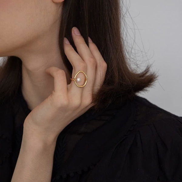 Sølvring, justerbar ring med geometrisk udskæring og perle