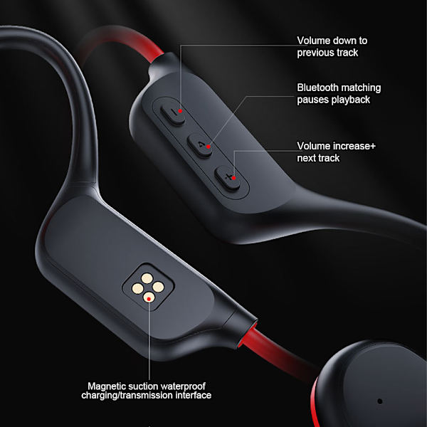 IPX8 trådløse knogleledningshovedtelefoner med MP3-afspiller - 32 GB Black red