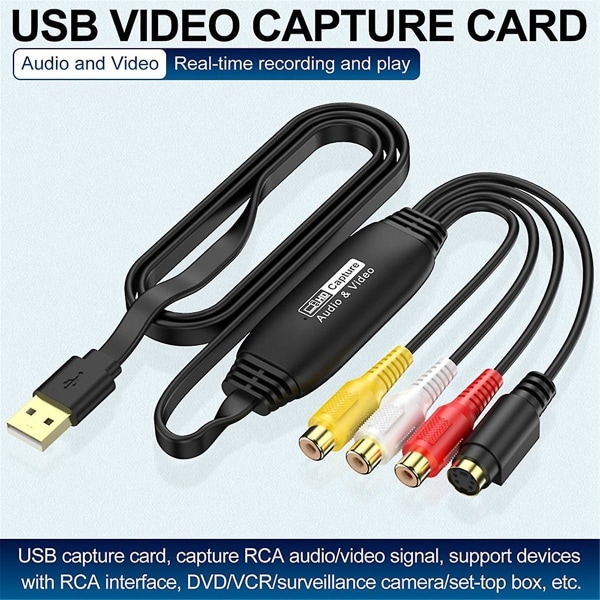 USB Video Capture to Digital Converter USB 2.0 Video Audio Capture Card TV DVD Tukee Windows-järjestelmää Black