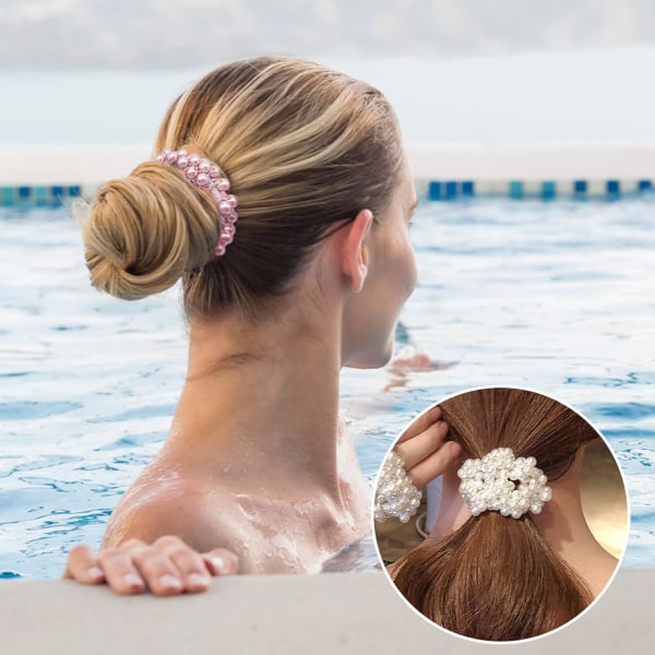 Champagne Pearl Hiussolmiot Hiuskumit Joustavat hiusnauhat Helmillä koristellut hiusköydet Hiustarvikkeet naisille ja tytöille (6 pakkausta, 3 väriä)