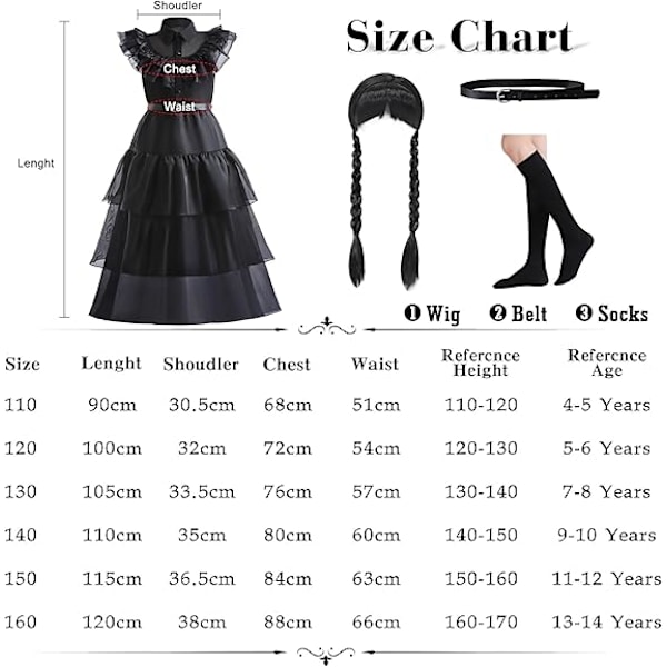 Musta asukokostyyli tytöille, lasten musta asu Halloween-asu Cosplay-juhliin vyöllä, peruukilla ja sukkilla 4-14-vuotiaille 140CM