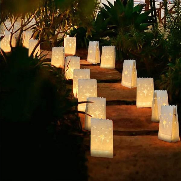 50 Pcs Flame Resistant Candle Bags, Stars Design Luminaries For Wedding, Party