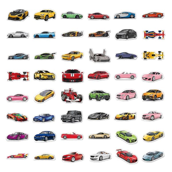 50 sarjakuva-auto tarraa