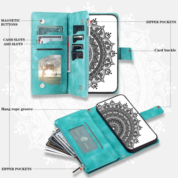 For Nokia X30 5g Mandala Blomster Imprinted Pu Læder Etui Magnetisk Lås Multi Kort Slot Beskyttende Cover Med Lynlåspung Og Håndledsrem Green