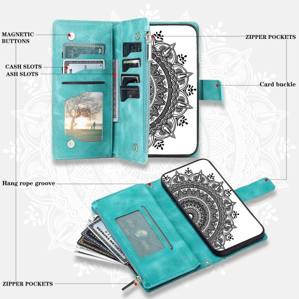 För Nokia X30 5g Mandala Flower Imprinted Pu- case Magnetlås Multi Card Slot Cover med blixtlåsförsedd plånbok och handledsrem Green