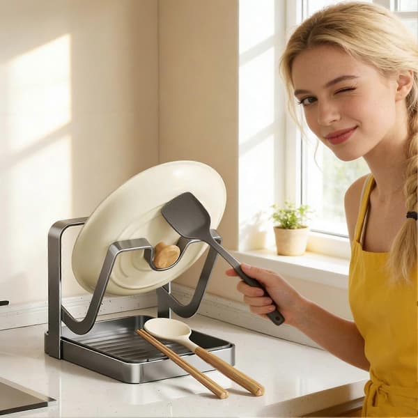 Työtason kattilankansiteline – hiiliteräksinen teline lusikkatelineellä Single Layer