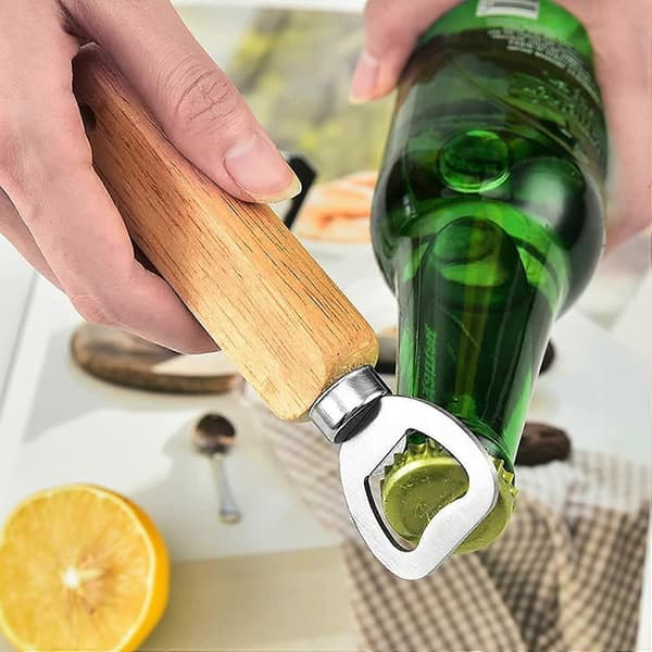 3 stk ølflaskeåpner, tre, rustfritt stål med håndtak