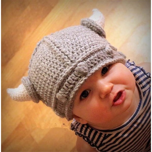 Babyskjegg Viking strikket lue, Barbarian Bull Horn Hekle Lue Cap Håndlaget strikket