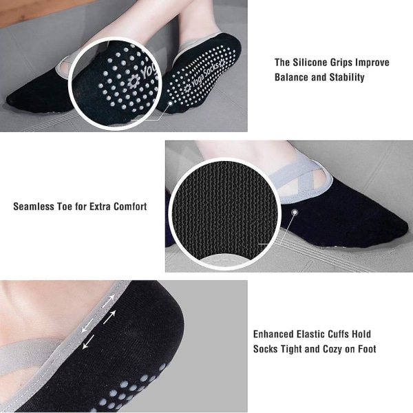 2 pakker skridsikre Pilates-sokker til kvinder, greb og stropper (sort og grå)