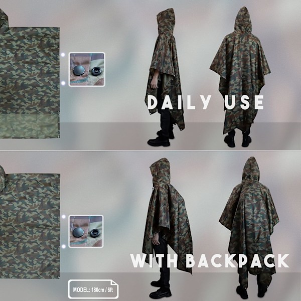 3 i 1 Multifunktionel Vandtæt Poncho, Let og Hurtigtørrende, Regnfrakke til Mænd og Kvinder, Regnponcho, Camouflage Poncho