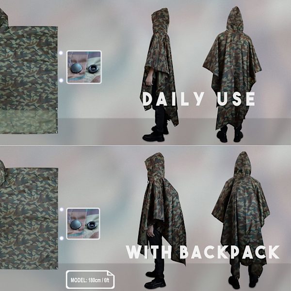 3 i 1 Multifunktionell Vattentät Poncho, Lätt och Snabbtorkande, Regnrock för Män & Kvinnor, Regnponcho, Kamouflageponcho