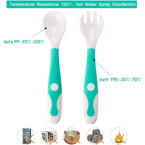 Baby Utensils Skjeer Gaffel Sett med Reise Trygg Veske Barn Fôring Treningsskje Enkel Grip Varmebestandig Fleksibel Læringsskjeer (Sett med 2)