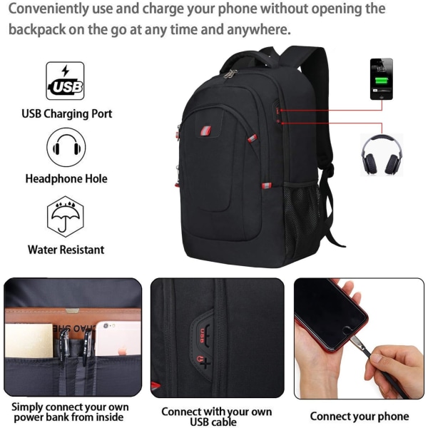 17,3 tums ryggsäck för bärbar dator, ryggsäck för män Vattentät affärsryggsäck med USB -laddningsport Företagsryggsäck för bärbar dator College Travel