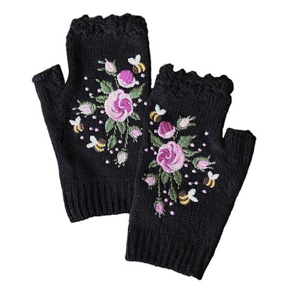 Fashion Dame Blomster & Bie Broderi Hansker Strikket Fingerløse Votter Dame Hansker Vinter Varme Black