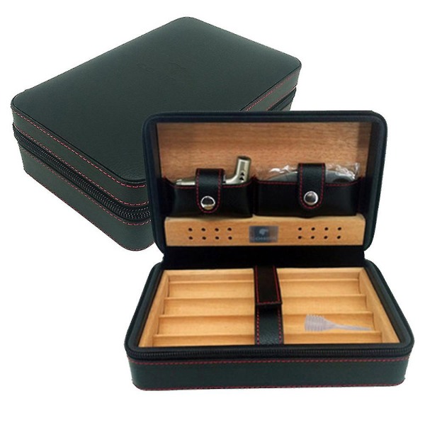 Leather Travel Cigar Humidor Case, bærbar sedertre med luftfukter kompatibel med 4 sigarer