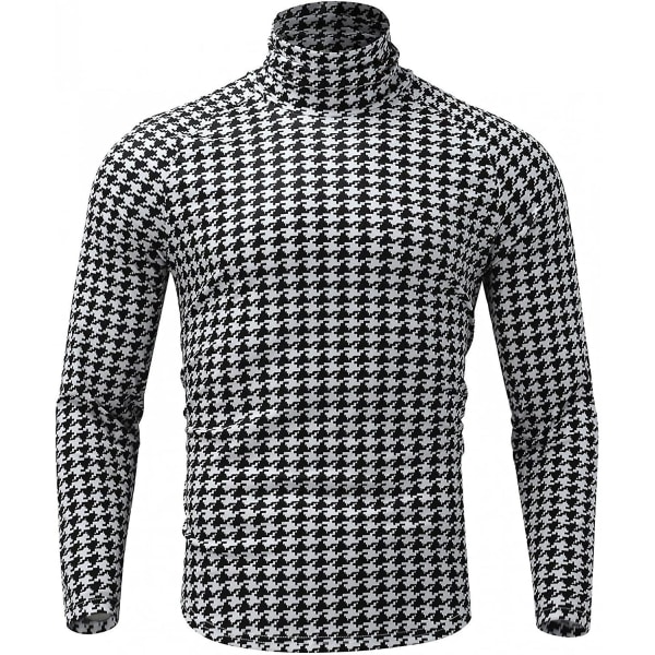 Miesten pitkähihainen perusmallinen turtleneck-ruutupaita, slim fit, houndstooth-kuvioitu, lämpöpaita, iso ja korkea XXL