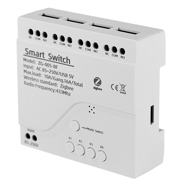 4 kanaler Tuya ZigBee Smart Switch Modul RF433 Smart Home Automation DIY Breaker Trådløs Relæ Stemmekontrol White