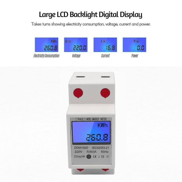Yksivaiheinen Din-rail-mittari 5-80a 50hz elektroninen kWh-mittari LCD-taustalla digitaalinen näyttö Ddm15sd
