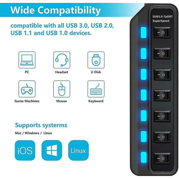 USB Hub 3.0 7 Port Data Hub USB Splitter med individuella switchar