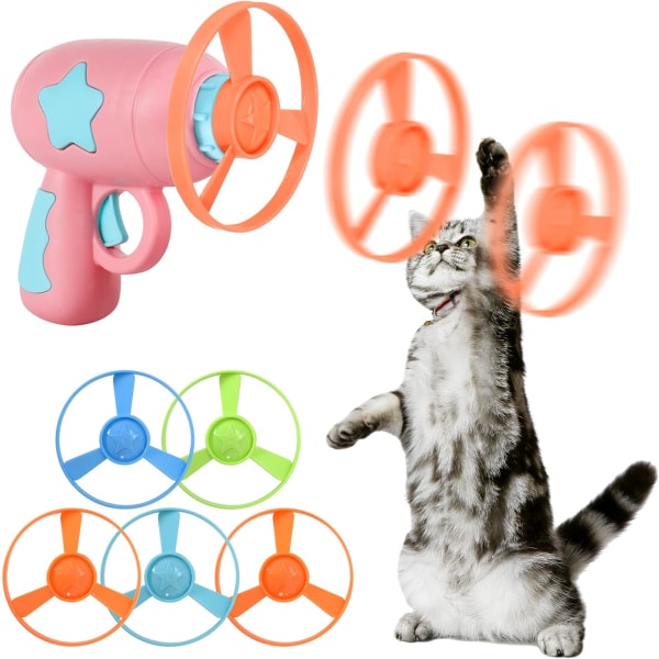 Interactive Flying Disc Toy med Launcher och 5 Random Color Discs för katter och hundar (rosa)