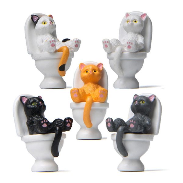 Söt kattunge katt sitter på toaletten prydnad pvc staty statyett skrivbordsdekoration 5 Colors 5Pcs
