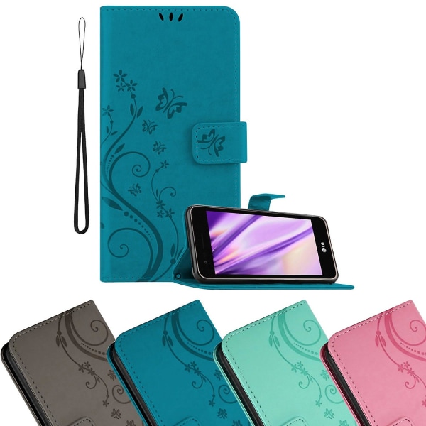 LG K4 2017 Handy Hülle Cover Case Etui - mit Blumenmuster och Standfunktion und Kartenfach FLORAL TURQUOISE K4 2017