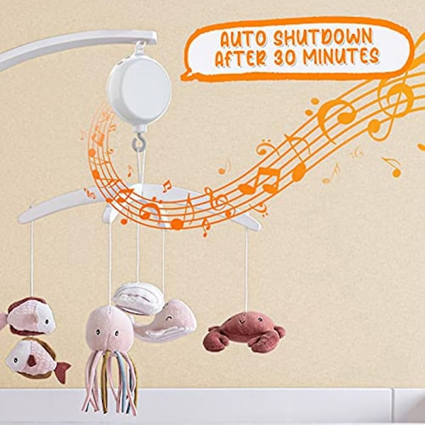 Vuggemobil Motor Baby Musikboks Spinner med 3 Tilstande Justerbar Lydstyrke 12 Vuggeviser Automatisk Sluk Efter 30 Minutter White