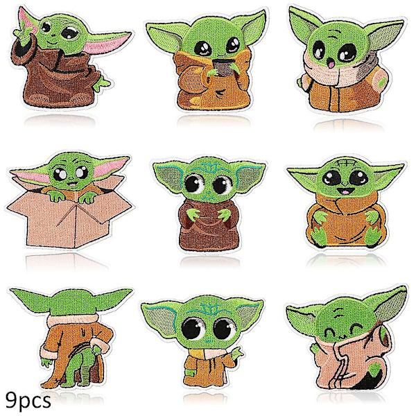 9 st Baby Yoda Strykjärnspåsar Star Wars Cartoon Alien Sy På Broderade Applikationer DIY Hantverk Reparationslapp För Kläder Jacka Jeans Ryggsäck Hatt